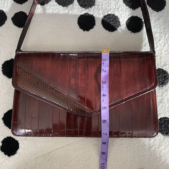 Vintage 80s Burgundy Eel Skin Shoulder Bag Crossbody Handbag Clutch Purse - Picture 15 of 16
